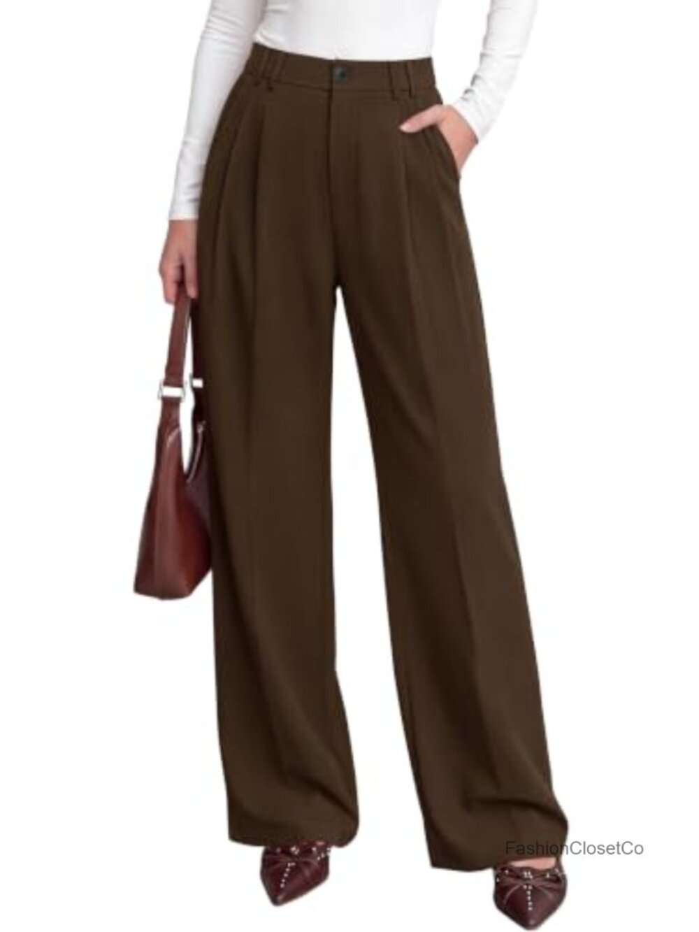 High Rise Pleated Wide Leg Pants Flowy Palazzos with Pockets